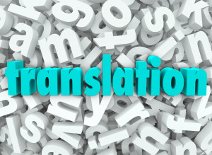 The word Translation on a background of 3d letters to illustrate translating, decoding, deciphering or interpreting the meaning of a message in another language